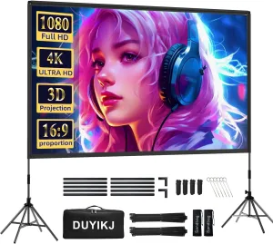 Projector Screen with Stand,DUYIKJ 100 inch Portable Outdoor Indoor Projector Screen Rear Front Projection Screen Lightweight Movie Screen16:9 4K HD with Four-Legged Frame Carry Bag for Home Theater