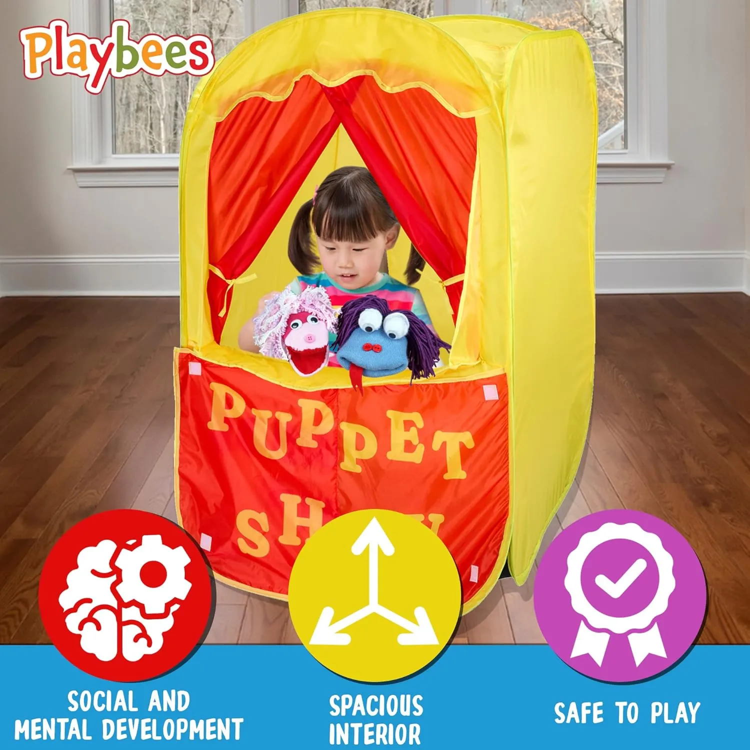 Puppet Show Pop-Up Play Tent w/Front Stage Toddler Playhouse Theater Pretend Play Tent Kids - Indoor & Outdoor Children Dramatic Furniture Swappable Velcro to Lemonade Stand w/Carry Bag