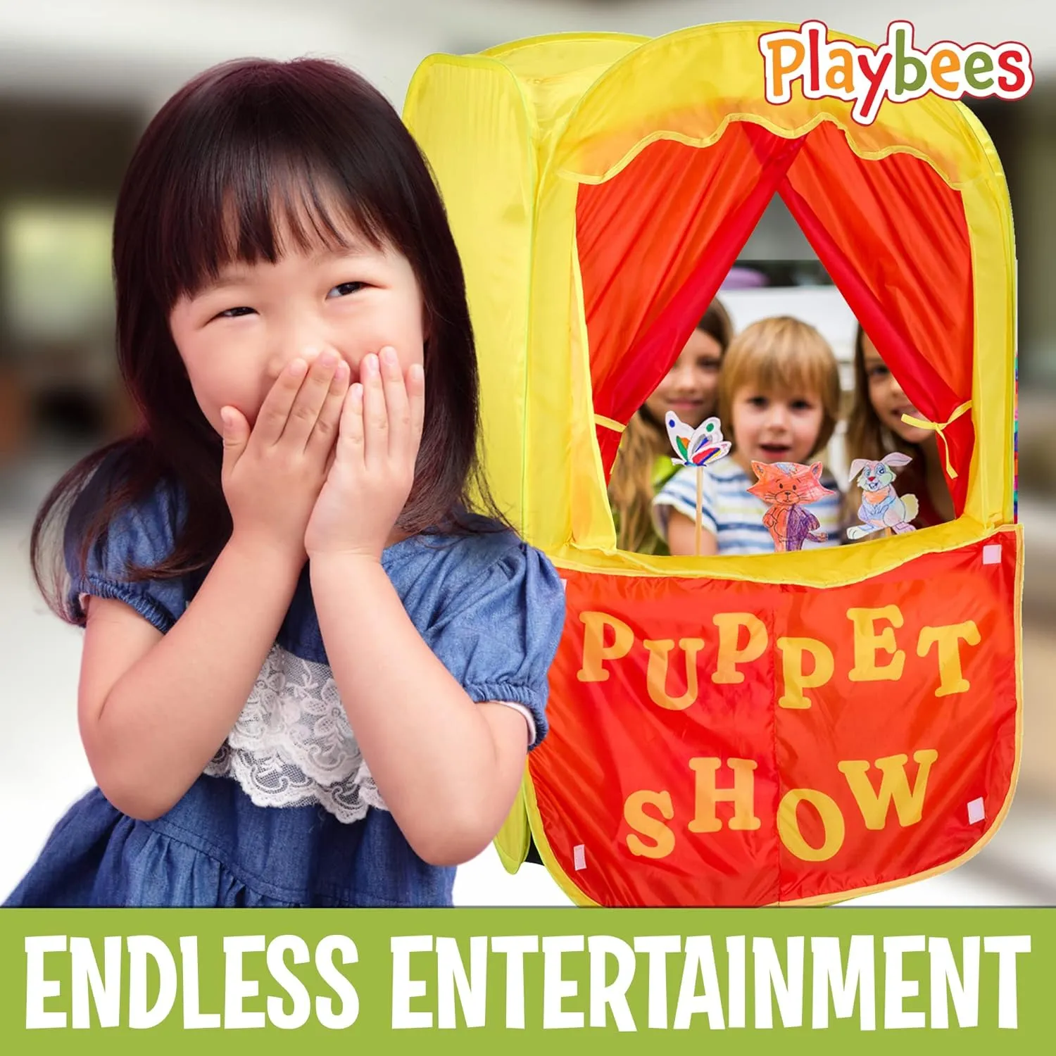 Puppet Show Pop-Up Play Tent w/Front Stage Toddler Playhouse Theater Pretend Play Tent Kids - Indoor & Outdoor Children Dramatic Furniture Swappable Velcro to Lemonade Stand w/Carry Bag