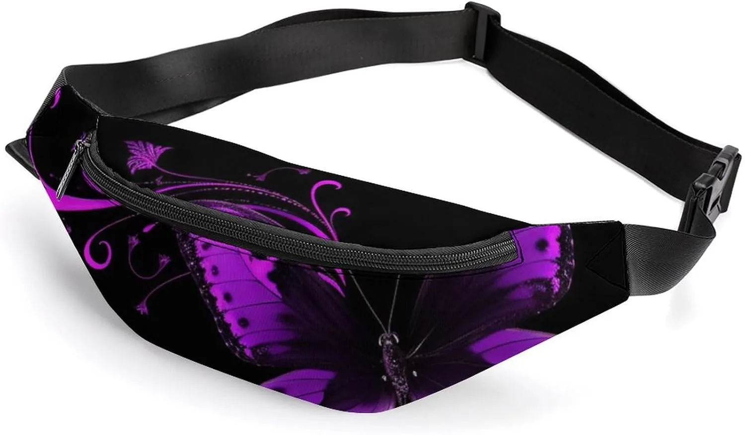 Purple And Black Butterfly Belt Bag with Adjustable Strap, Lightweight Travel Crossbody Bags, Hands-Free Mini Fanny Packs in Running Gym