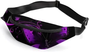 Purple And Black Butterfly Belt Bag with Adjustable Strap, Lightweight Travel Crossbody Bags, Hands-Free Mini Fanny Packs in Running Gym