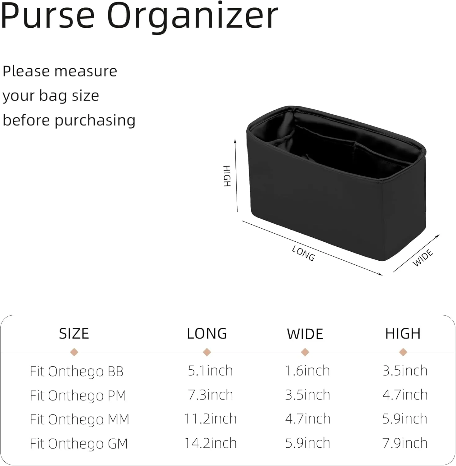 Purse Organizer for LV OnTheGo BB/PM/MM/GM,Silky Smooth Insert,Lightweight Bag in Bag,Luxury Handbag Storage Accessories(onthego GM,Black)