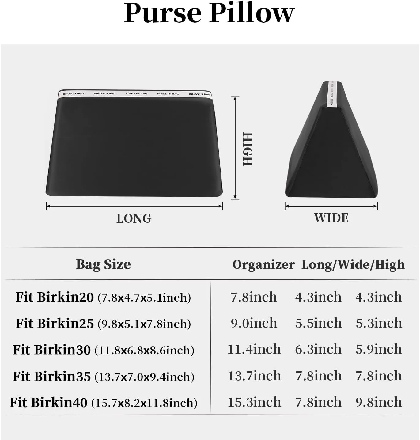 Purse Organizer Insert Pillow for BK, Lightweight Memory Foam Pillows with Soft Satin (Black, BK30)