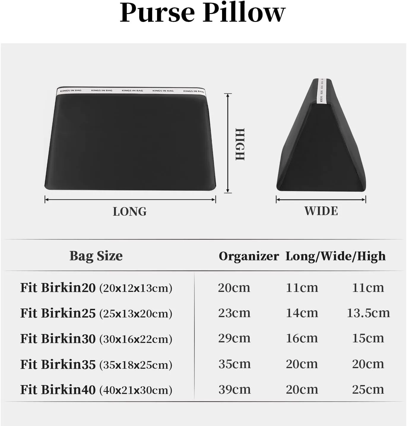 Purse Organizer Insert Pillow for BK, Lightweight Memory Foam Pillows with Soft Satin (Black, BK30)