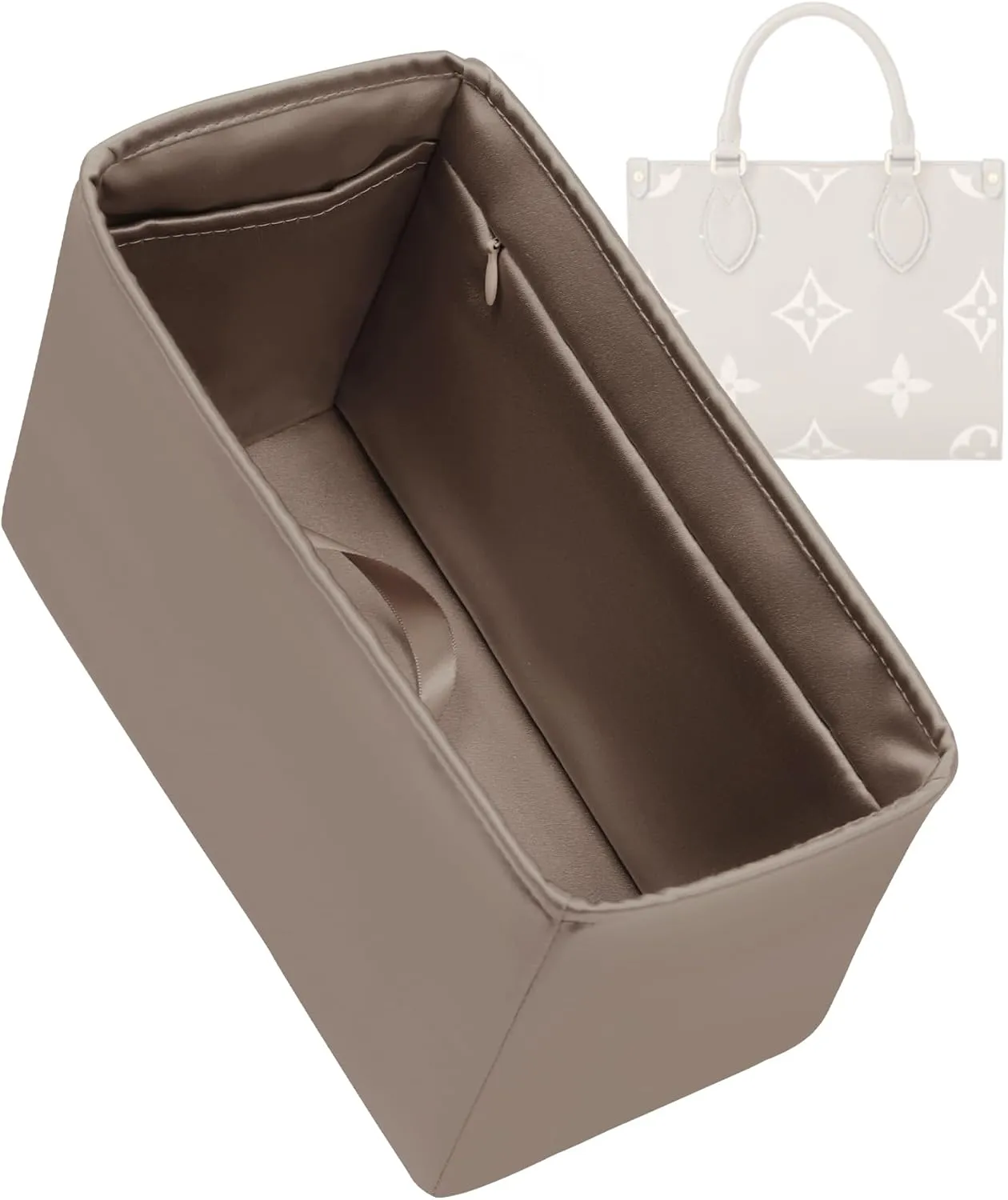 Purse Organizer with Zipper for LV OnTheGo BB/PM/MM/GM,Silky Smooth Insert,Lightweight Bag in Bag,Luxury Handbag Storage Accessories(MM with Zipper,Etoupe Grey)