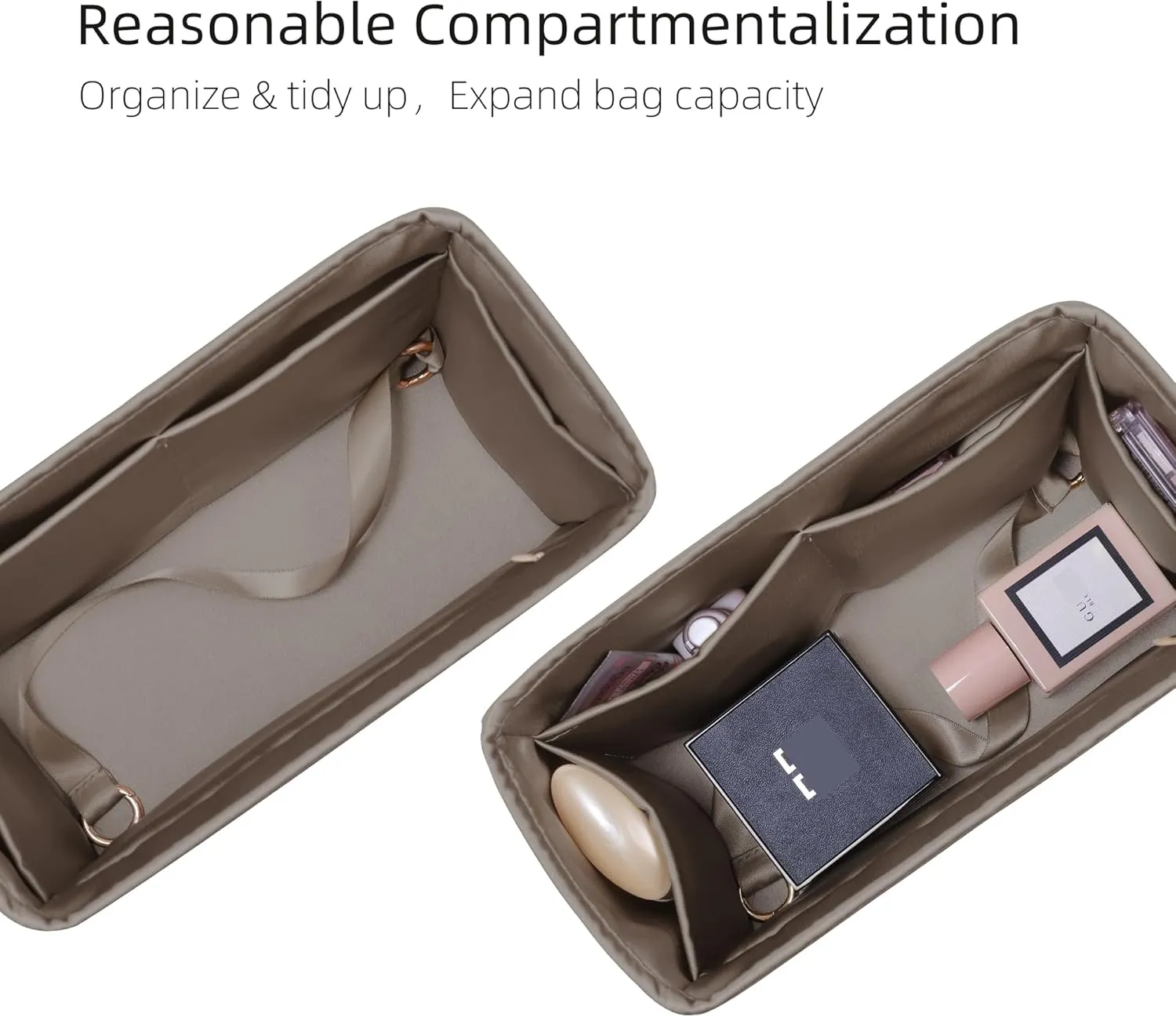 Purse Organizer with Zipper for LV OnTheGo BB/PM/MM/GM,Silky Smooth Insert,Lightweight Bag in Bag,Luxury Handbag Storage Accessories(MM with Zipper,Etoupe Grey)