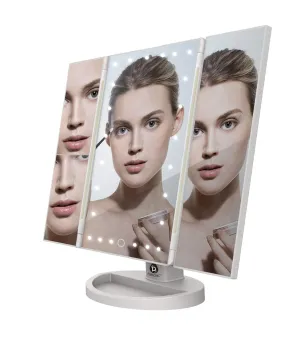 PURSONIC TM24FWH 24 LED Tri Fold Vanity Mirror 2X and 3X Magnifications - 24 Dimmable Natural Lights, Touch Screen Adjustable Countertop Table Mirror with Cosmetic Stand