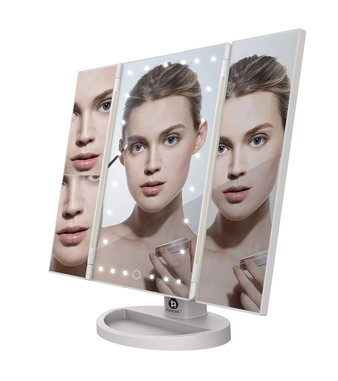 PURSONIC TM24FWH 24 LED Tri Fold Vanity Mirror 2X and 3X Magnifications - 24 Dimmable Natural Lights, Touch Screen Adjustable Countertop Table Mirror with Cosmetic Stand