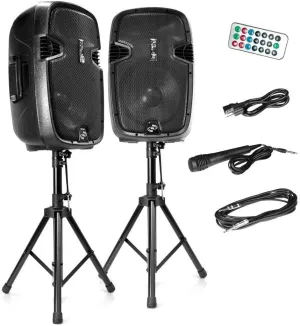 Pyle Wireless Portable PA System Kit - 1800W Peak, Bluetooth Compatible, Active   Passive Pair For Indoor / Outdoor Sound, Multiple Inputs-USB SD AUX XLR RCA, Comes With 2 Stands, Wired Mic, Remote
