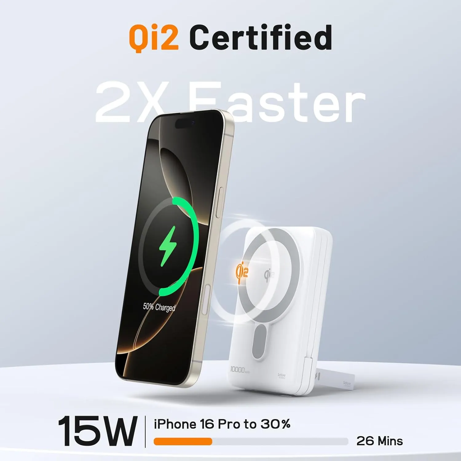 Qi2 Certified Power Bank 10,000mAh, 15W Fast Wireless Charging Magnetic Portable Charger for iPhone 16/15/14/13/12 Series, MagSafe Battery Pack with PD 20W Buit-in Cable, Foldable Metal Stand