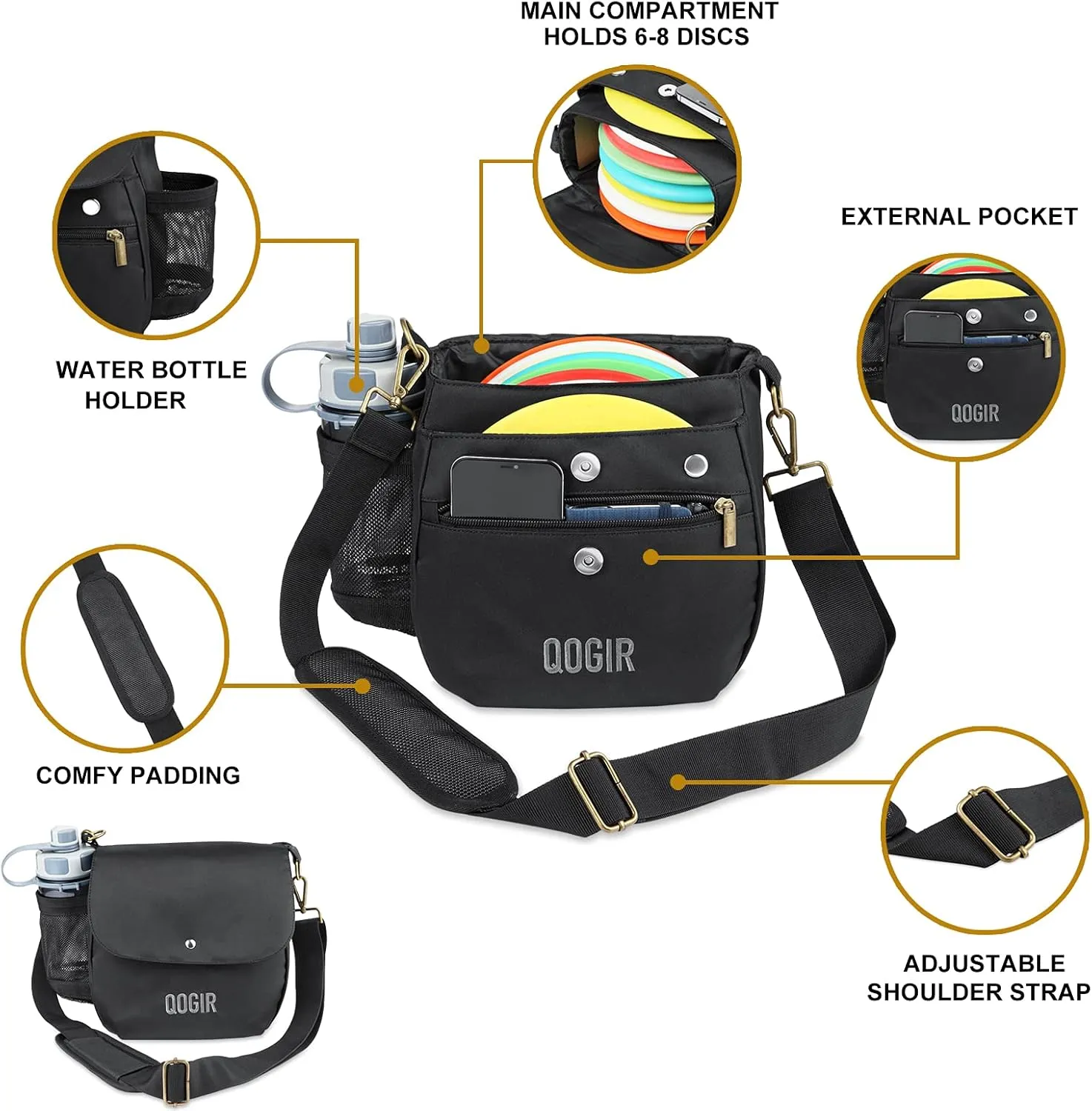 QOGIR Lightweight Disc Golf Bag: Durable Disc Golf Bag with 8  Disc Capacity, Introductory Discs Golf Bag, Holds Water Bottle and Accessories, Great for Beginners