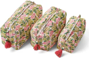 Quilted Floral Makeup Bag Set – Madagascar Prewinkle Vanilla Pattern 3 Sizes, Waterproof Lining, Make Up Travel Cosmetic & Toiletry Bags For Traveling Women