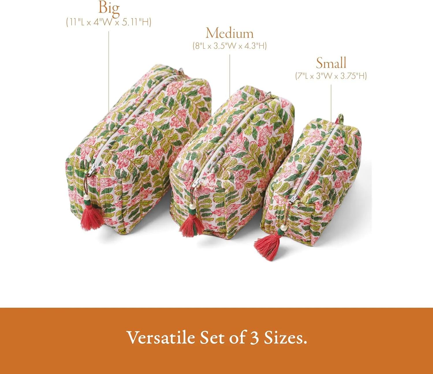 Quilted Floral Makeup Bag Set – Madagascar Prewinkle Vanilla Pattern 3 Sizes, Waterproof Lining, Make Up Travel Cosmetic & Toiletry Bags For Traveling Women