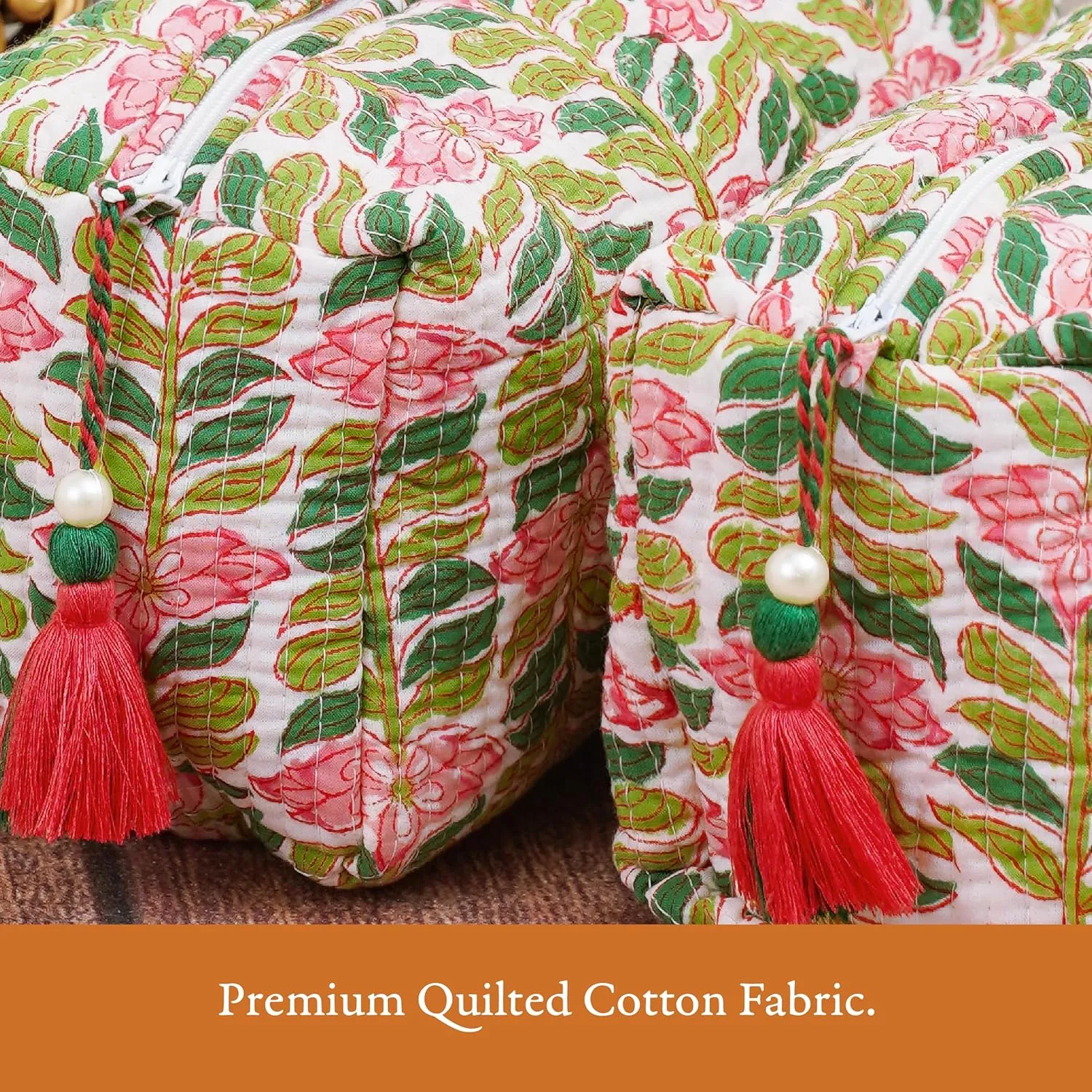 Quilted Floral Makeup Bag Set – Madagascar Prewinkle Vanilla Pattern 3 Sizes, Waterproof Lining, Make Up Travel Cosmetic & Toiletry Bags For Traveling Women