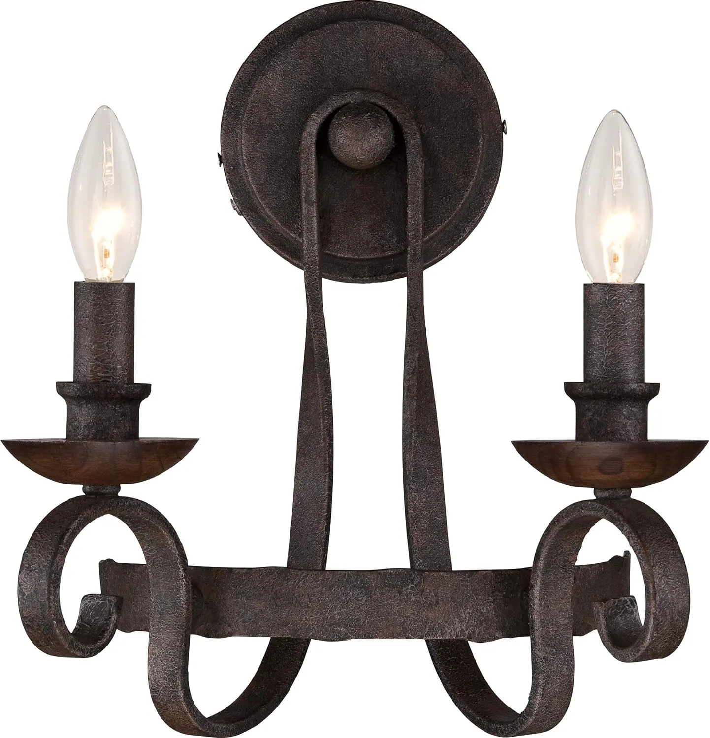 Quoizel Noble Traditional Wall Sconce, 14 Inch 2-Light Rustic Black Indoor Light Fixture, Classic European Old World Design Wall Lantern, 60W Bulb, Wall Lights with Hammered Metal & Solid Wood Holder