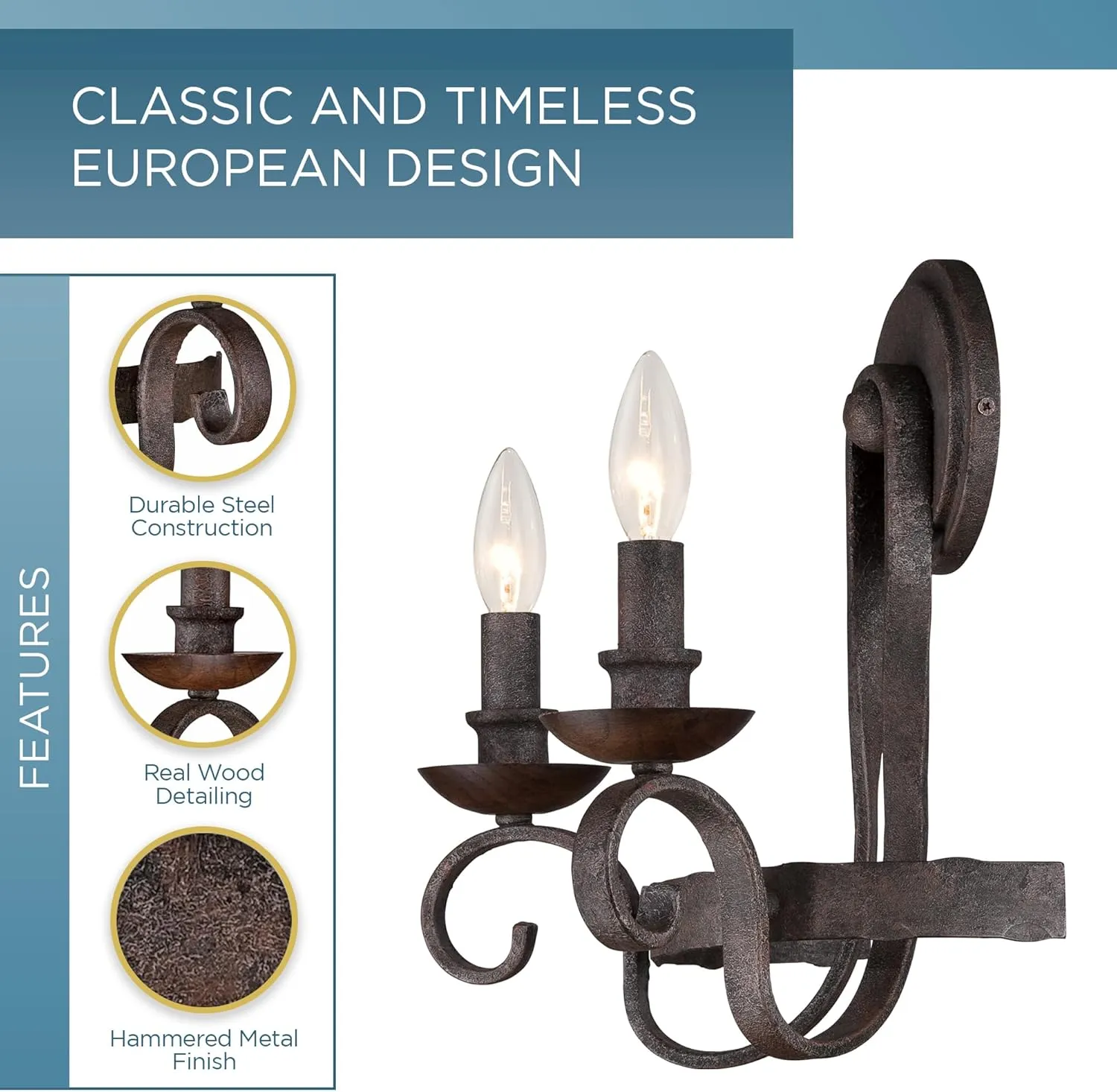 Quoizel Noble Traditional Wall Sconce, 14 Inch 2-Light Rustic Black Indoor Light Fixture, Classic European Old World Design Wall Lantern, 60W Bulb, Wall Lights with Hammered Metal & Solid Wood Holder