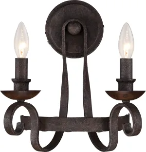 Quoizel Noble Traditional Wall Sconce, 14 Inch 2-Light Rustic Black Indoor Light Fixture, Classic European Old World Design Wall Lantern, 60W Bulb, Wall Lights with Hammered Metal & Solid Wood Holder