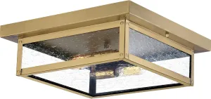 Quoizel Westover Outdoor Flush Mount Ceiling Light, 12 Inch 2-Light Antique Brass Industrial Lantern, Seeded Glass, Close to Ceiling Light Fixtures for Farmhouse, Porch, Patio, Hallway or Yard
