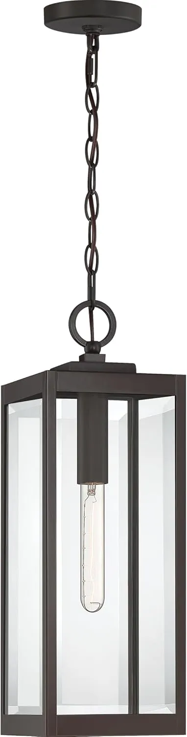 Quoizel Westover Outdoor Hanging Lantern, 21 Inch 1-Light Western Bronze Modern Ceiling Mount Light, Clear Beveled Glass, Max Hanging Height 122", Outside Lights for Patio, Porch, Entry or Gazebo