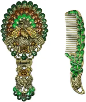 Rayberro Vintage Handheld Mirror with Comb Set, Metal Embossed Peacock Vintage Hand Mirror, Face Beauty Makeup Mirror, Foldable Personal Cosmetic Mirror, Portable Compact Travel Mirror (Green)