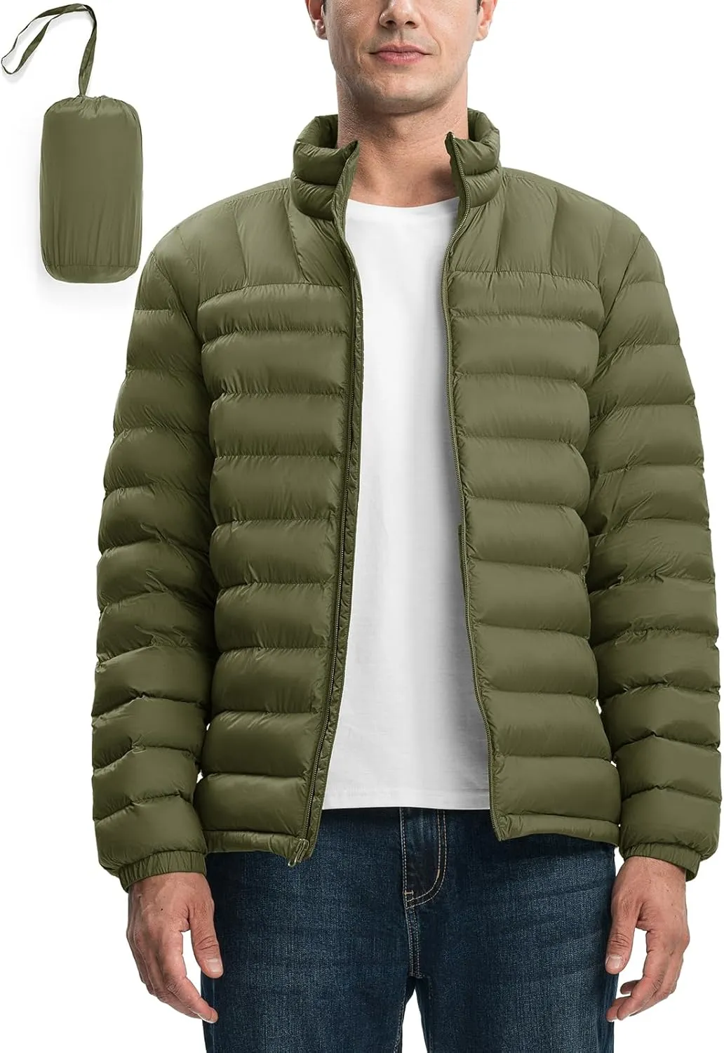 Rdruko Men's Puffer Packable Lightweight Jacket Winter Windproof Down Alternative Stand Collar Coat