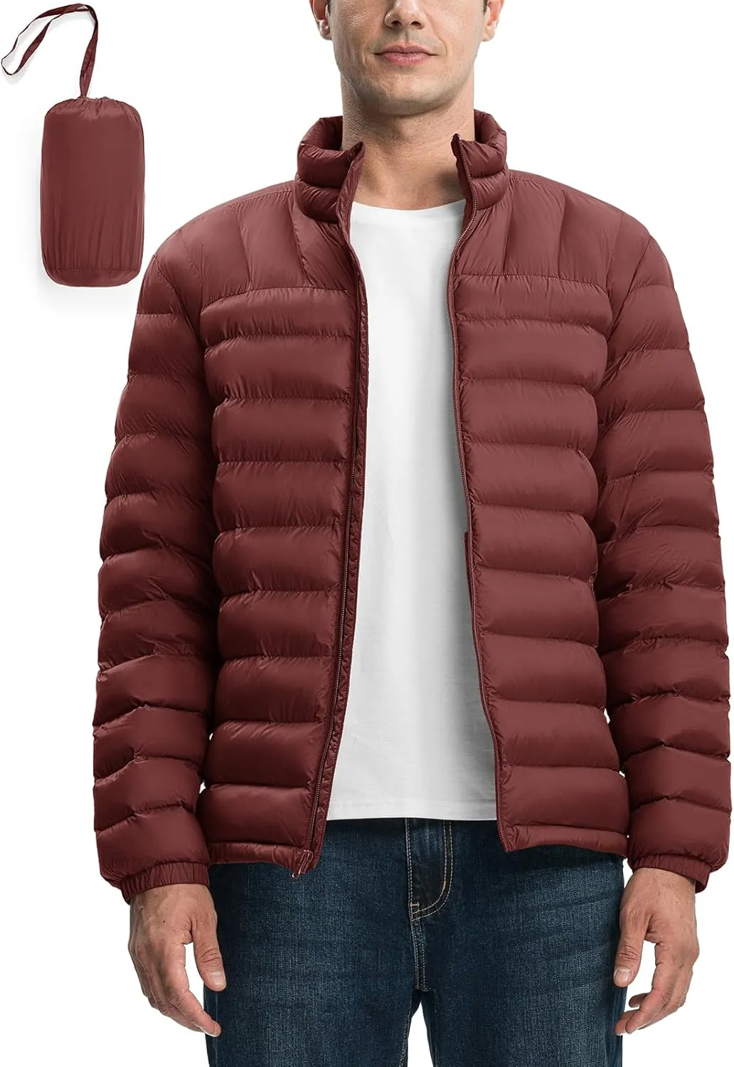 Rdruko Men's Puffer Packable Lightweight Jacket Winter Windproof Down Alternative Stand Collar Coat