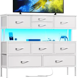 REAHOME Dresser TV Stand with Charging Station and LED Lights, 55” TV Stand with 9 Drawers, Fabric Dresser for Bedroom, Steel Frame, Large Storage Chest of Drawers for Closet, Living Room, White