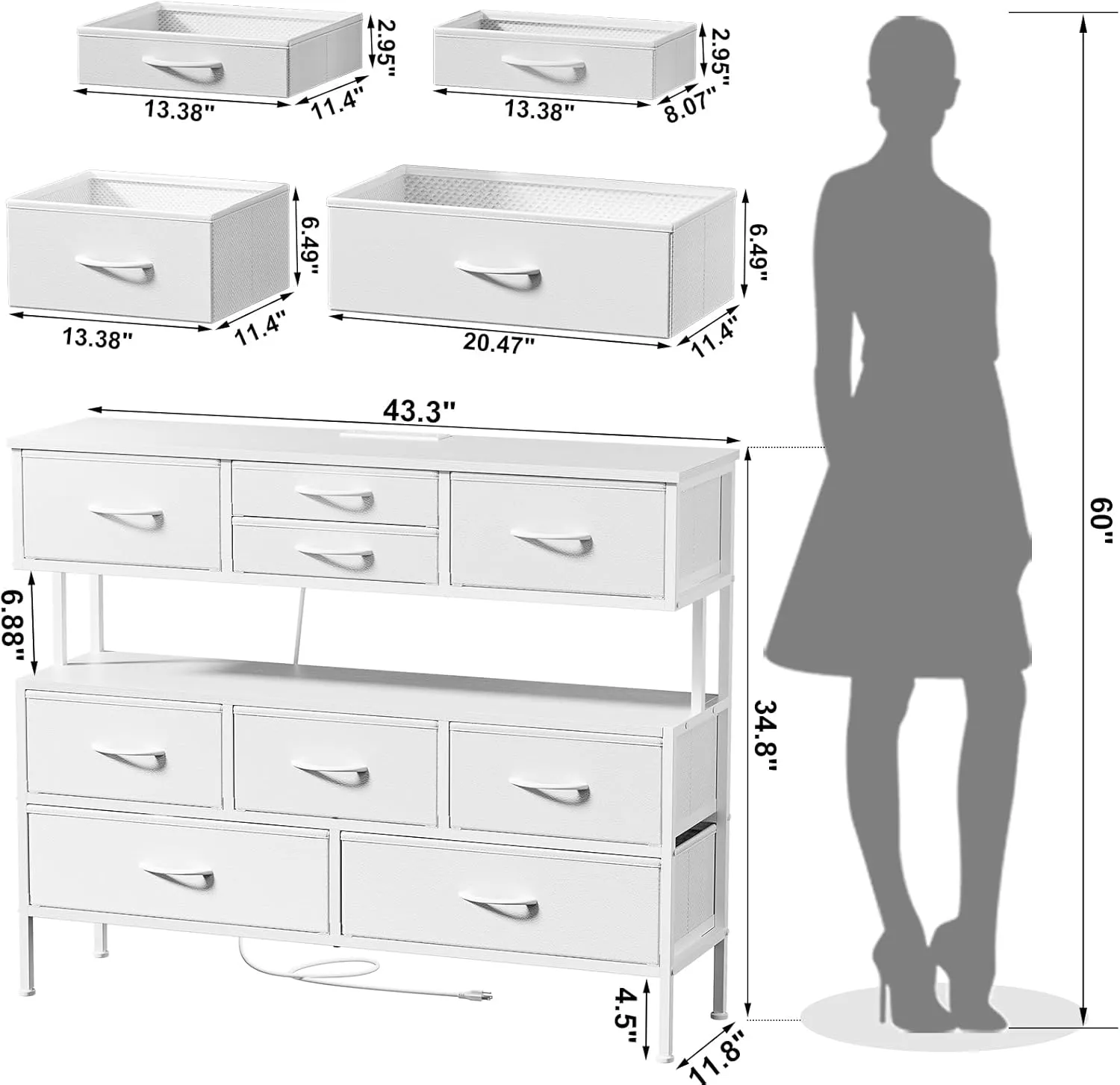 REAHOME Dresser TV Stand with Charging Station and LED Lights, 55” TV Stand with 9 Drawers, Fabric Dresser for Bedroom, Steel Frame, Large Storage Chest of Drawers for Closet, Living Room, White