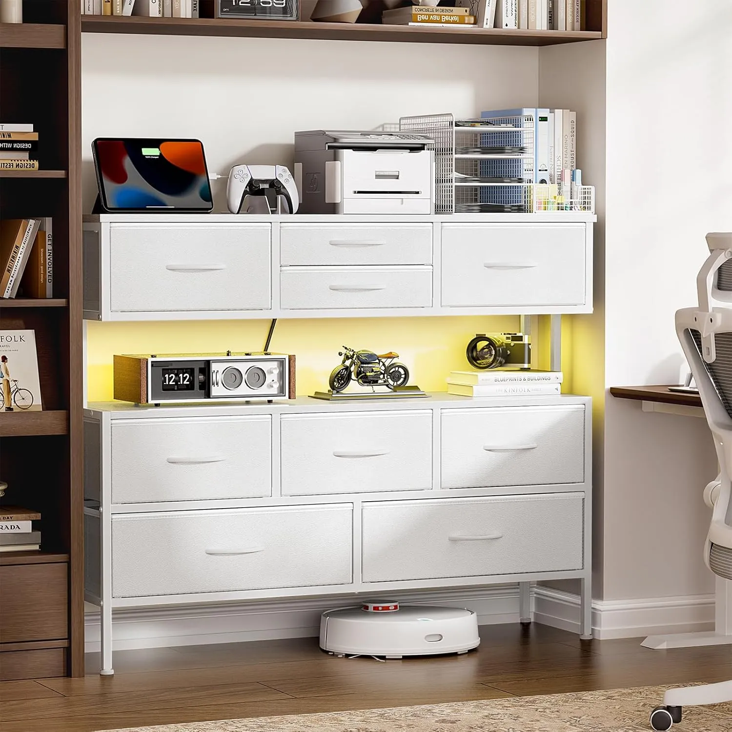 REAHOME Dresser TV Stand with Charging Station and LED Lights, 55” TV Stand with 9 Drawers, Fabric Dresser for Bedroom, Steel Frame, Large Storage Chest of Drawers for Closet, Living Room, White