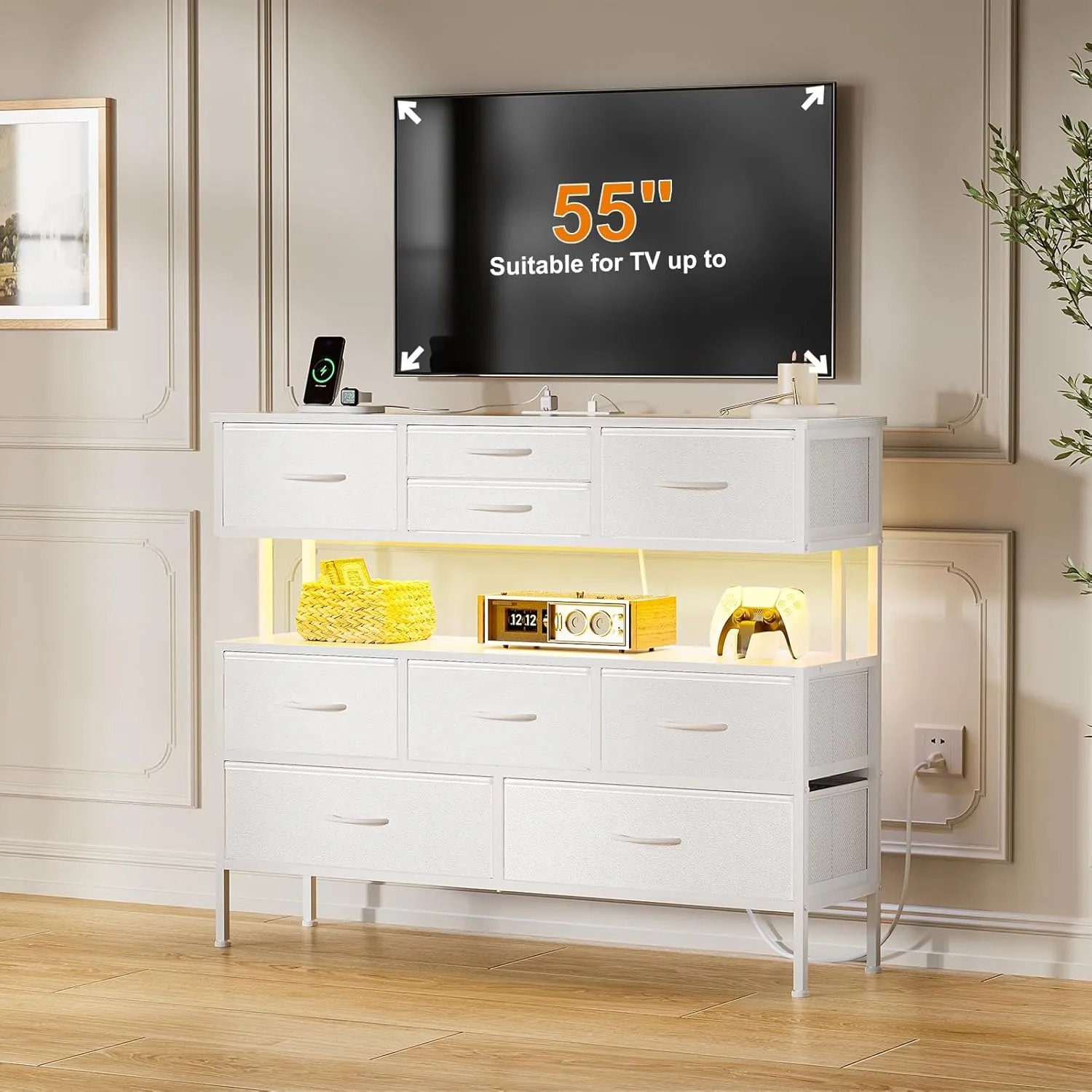 REAHOME Dresser TV Stand with Charging Station and LED Lights, 55” TV Stand with 9 Drawers, Fabric Dresser for Bedroom, Steel Frame, Large Storage Chest of Drawers for Closet, Living Room, White
