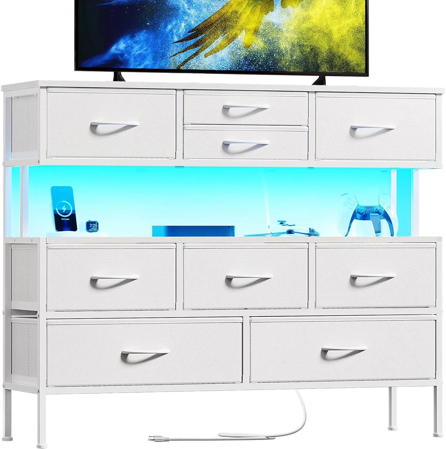 REAHOME Dresser TV Stand with Charging Station and LED Lights, 55” TV Stand with 9 Drawers, Fabric Dresser for Bedroom, Steel Frame, Large Storage Chest of Drawers for Closet, Living Room, White