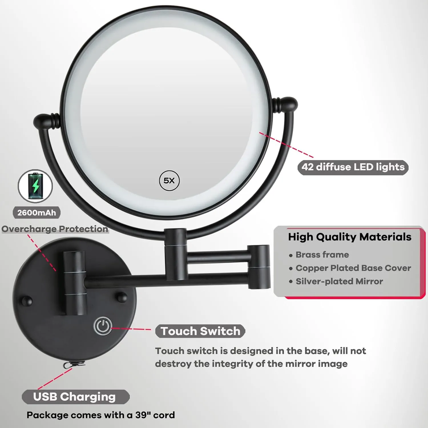 Rechargeable Bathroom Makeup Mirror with Light Wall Mounted, Brass 1/5X 2 Sided Magnifying Mirror with Extension Swing Arm, Touch Dimmable 360 Rotation Foldable Led Vanity Mirror, Matte Black