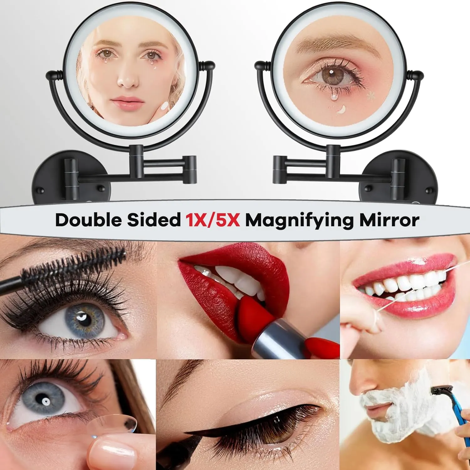Rechargeable Bathroom Makeup Mirror with Light Wall Mounted, Brass 1/5X 2 Sided Magnifying Mirror with Extension Swing Arm, Touch Dimmable 360 Rotation Foldable Led Vanity Mirror, Matte Black