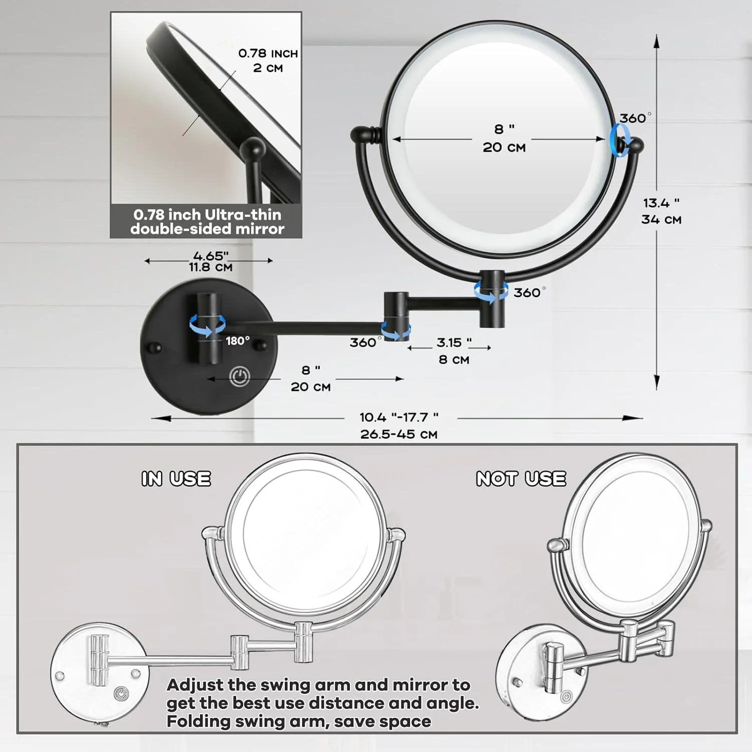 Rechargeable Bathroom Makeup Mirror with Light Wall Mounted, Brass 1/5X 2 Sided Magnifying Mirror with Extension Swing Arm, Touch Dimmable 360 Rotation Foldable Led Vanity Mirror, Matte Black