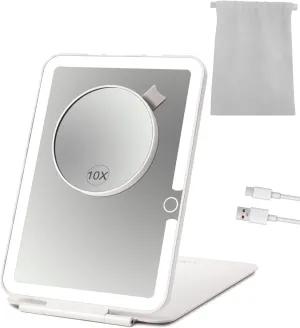 Rechargeable Travel Makeup Mirror with Lights and10x Magnification, 70 LEDs 3 Color Lights, Foldable Beauty Mirror, Portable Lighted Mirror Offwhite with Carrying Case