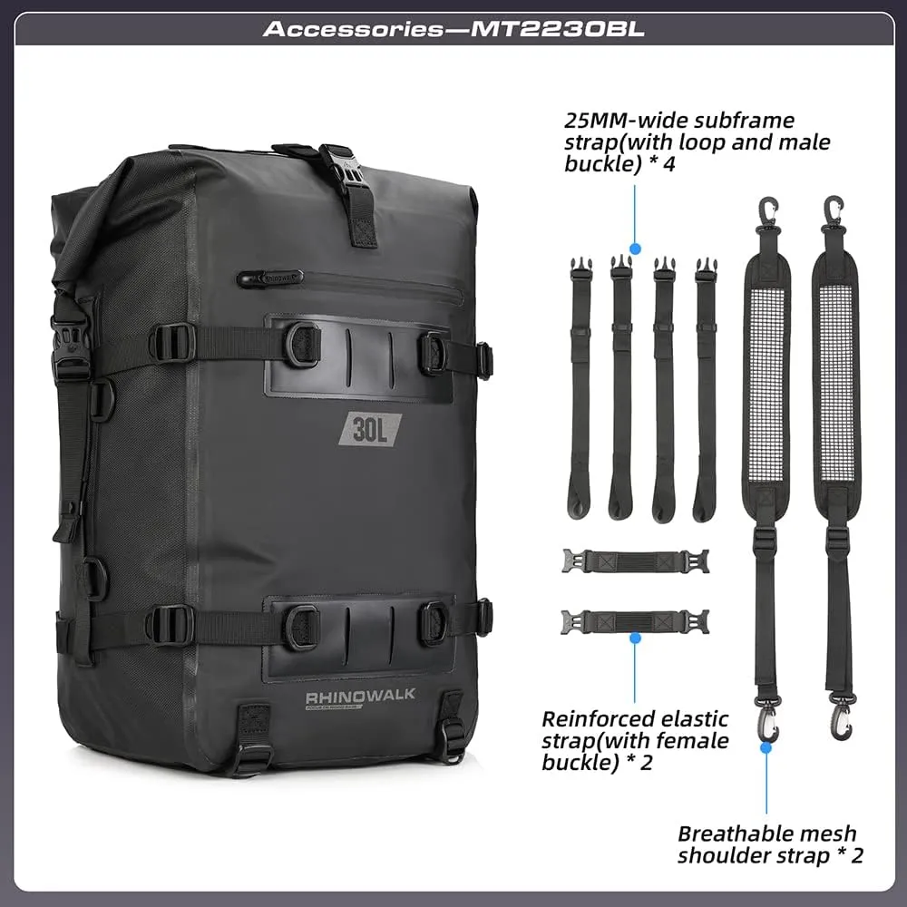 Rhinowalk Motorcycle Tail Bag Motorbike Side Bag 30L Full Waterproof Motor Saddle Pannier Bag Rear Rack Trunk Professional Motor Accessories-Black