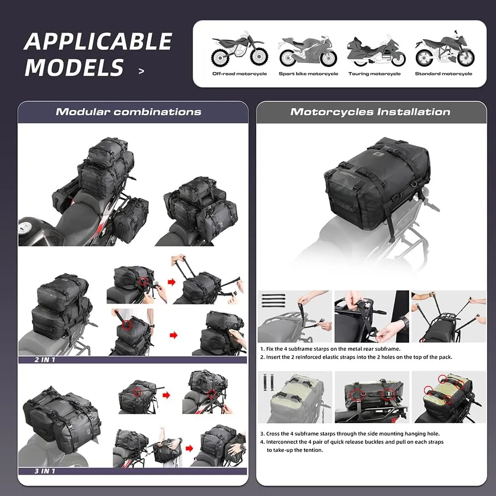 Rhinowalk Motorcycle Tail Bag Motorbike Side Bag 30L Full Waterproof Motor Saddle Pannier Bag Rear Rack Trunk Professional Motor Accessories-Black