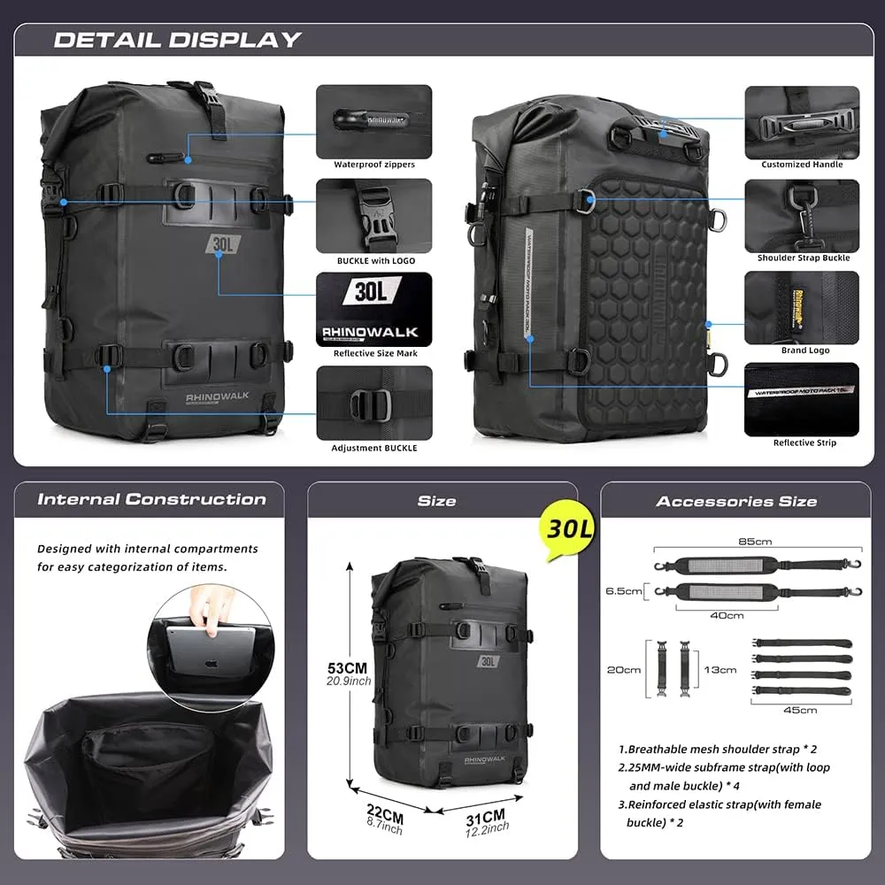 Rhinowalk Motorcycle Tail Bag Motorbike Side Bag 30L Full Waterproof Motor Saddle Pannier Bag Rear Rack Trunk Professional Motor Accessories-Black