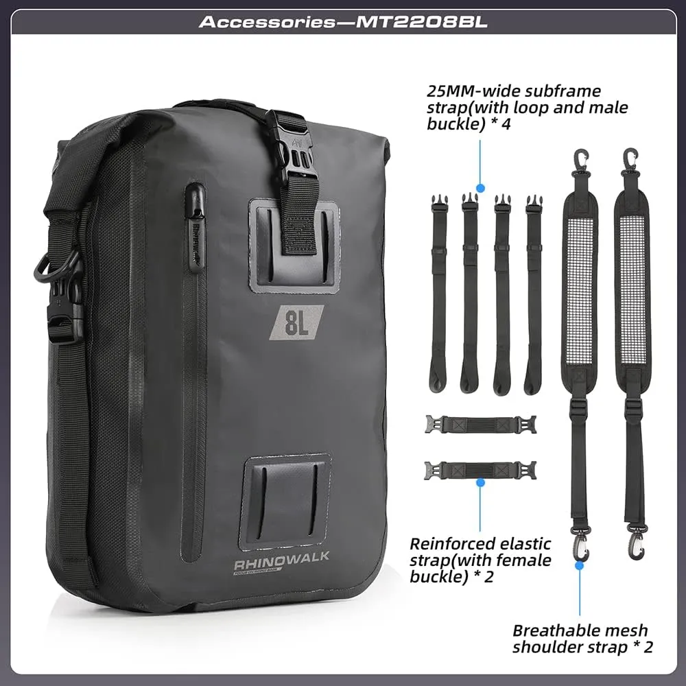 Rhinowalk Motorcycle Tail Bag Motorbike Side Bag 8L Full Waterproof Motor Saddle Pannier Bag Rear Rack Trunk Professional Motor Accessories-Black