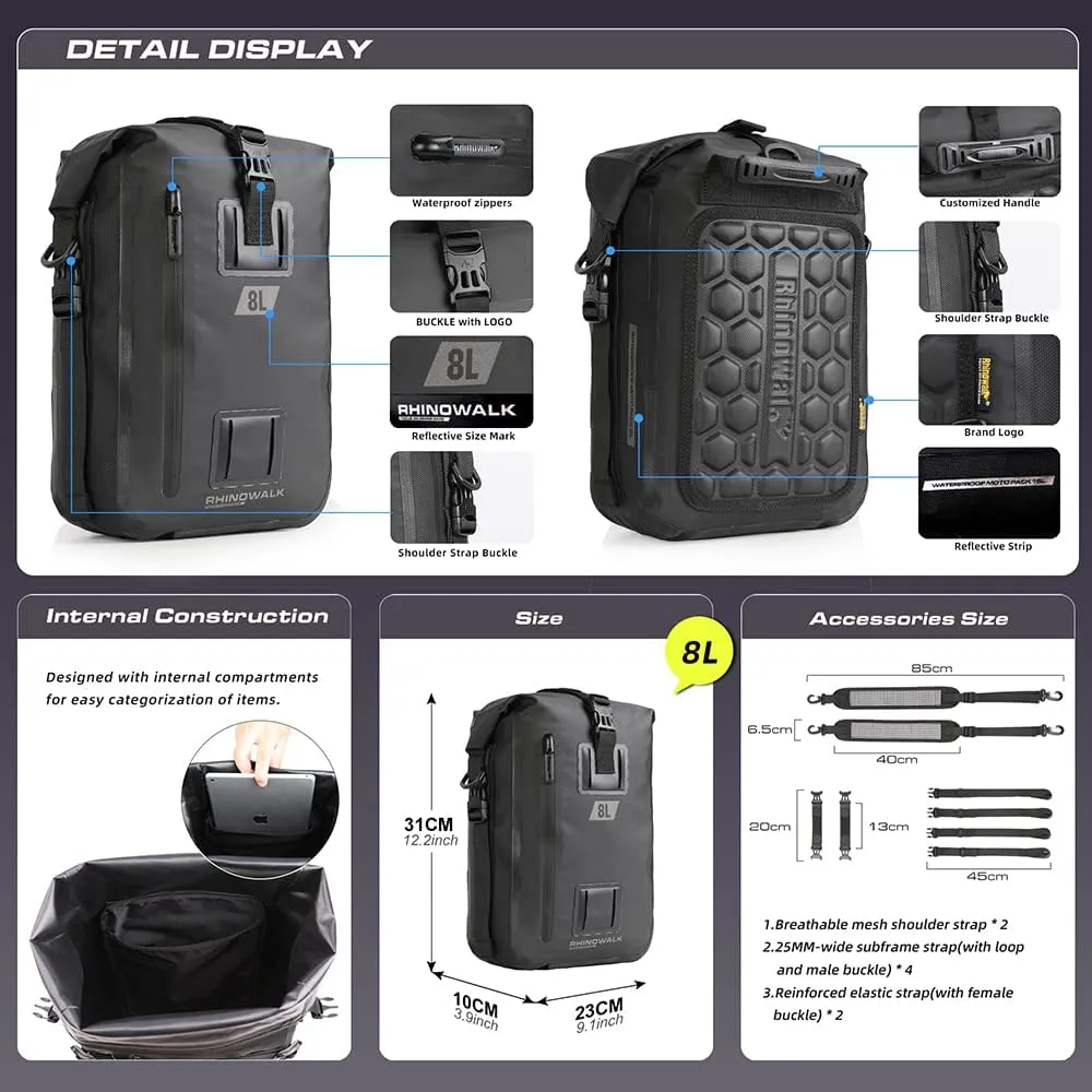 Rhinowalk Motorcycle Tail Bag Motorbike Side Bag 8L Full Waterproof Motor Saddle Pannier Bag Rear Rack Trunk Professional Motor Accessories-Black