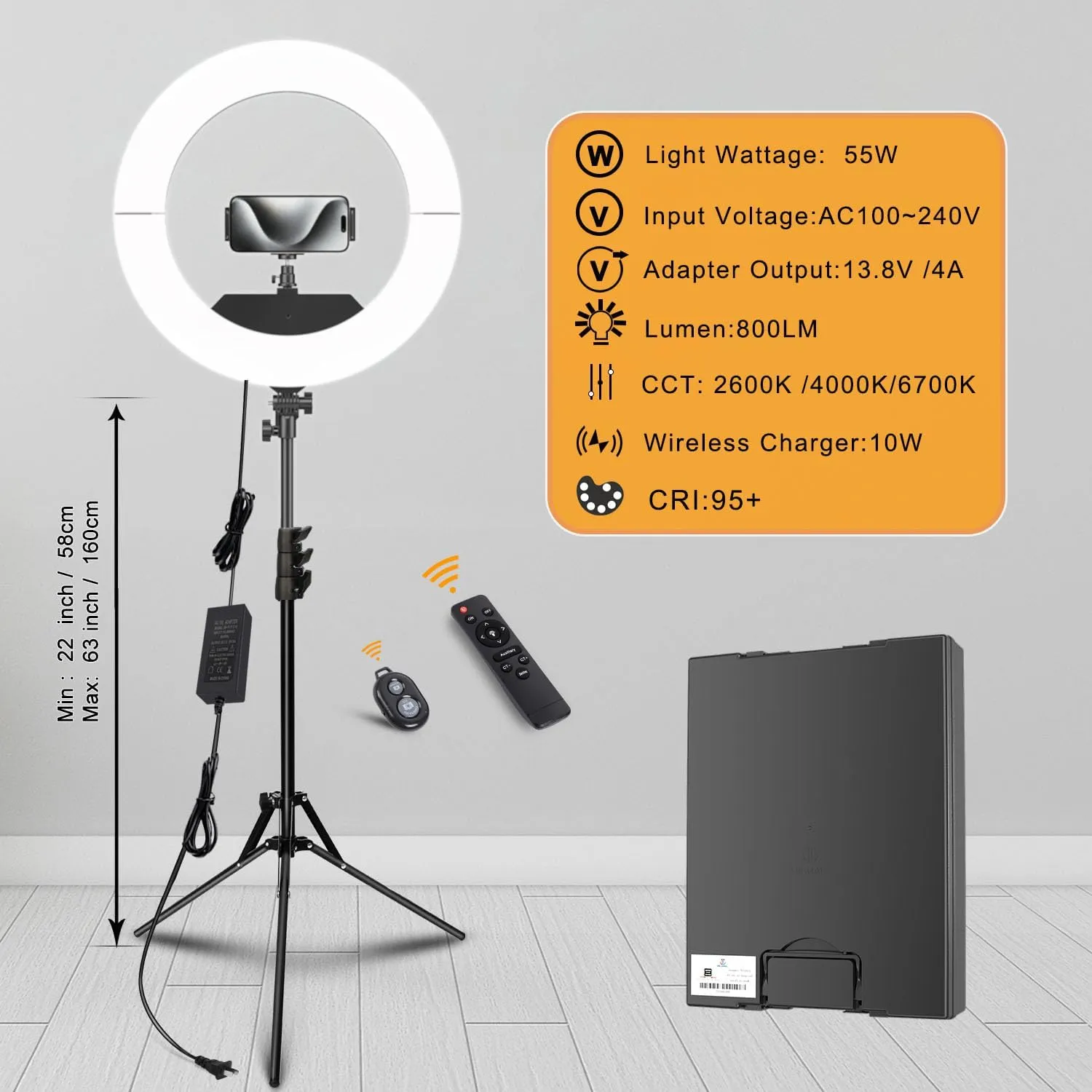 Ring Light Kit:18"/45cm Outer 55W6700k Dimmable LED Light, Tripod Stand, Remote Controller,Box for Camera,Smartphone,YouTube,TikTok,Self-Portrait Shooting,CRI90,Black