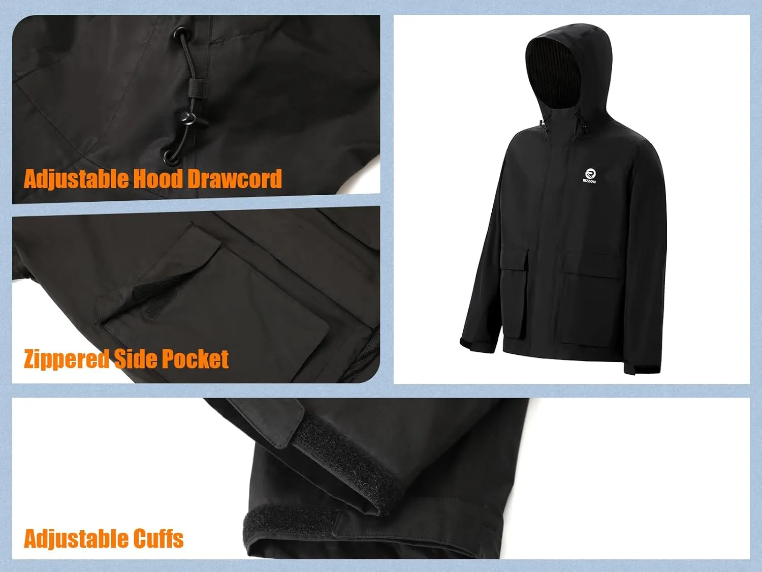 Rizzon Fishing Rain Suit for Men Waterproof Sailing Rain Jacket Bib Pants With Hood Foul Weather Gear
