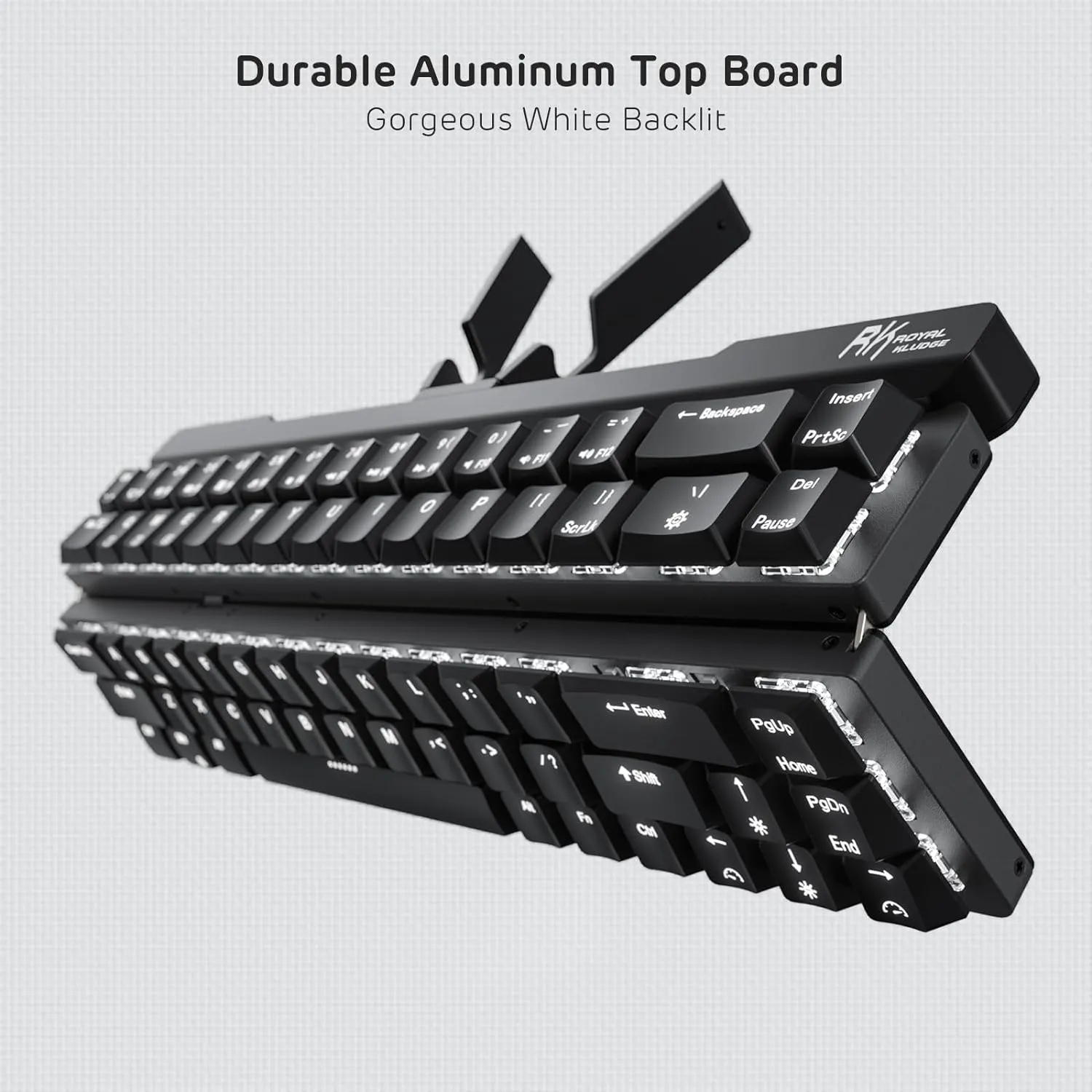 RK ROYAL KLUDGE F68 60% Foldable Low Profile Mechanical Keyboard, Wireless Mechanical Keyboard with Aluminum Body, Built-in Stand Holder, White Backlit, 68 Keys