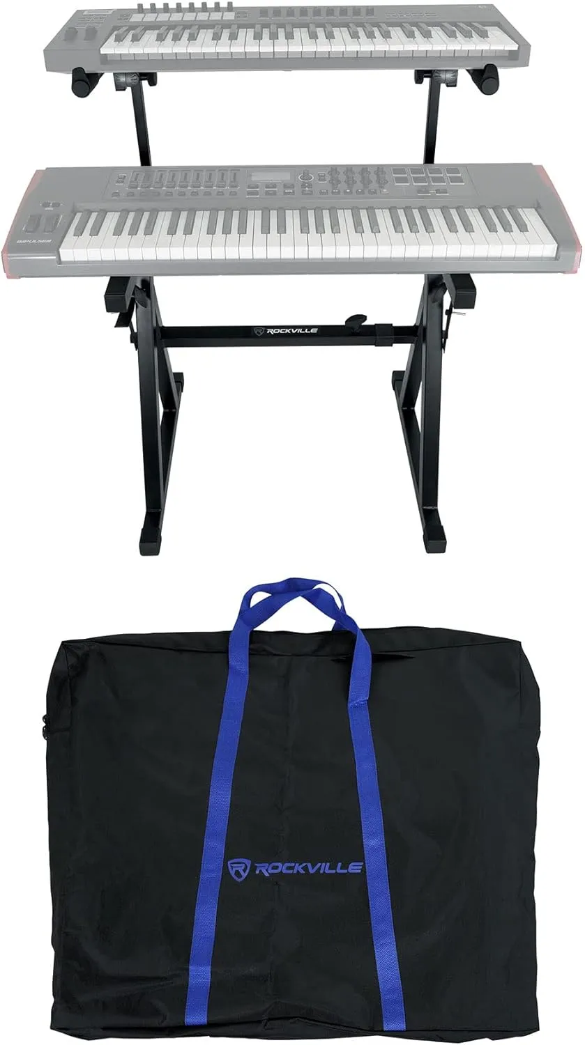Rockville Z55 2-Tier Keyboard Stand 250lb Z-Style, Adjustable Height, Adjustable Width, Travel Bag, Headphone Hook, Perfect for Musicians and DJs