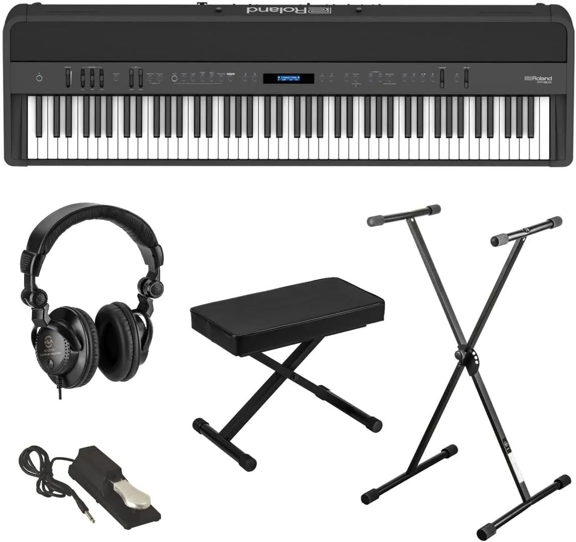 Roland FP-90X 88-Key Portable Digital Piano, Black Bundle with Stand, Bench, Sustain Pedal, Studio Monitor Headphones