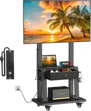 Rolling TV Stand with Power Outlet,TV Cart with Drawer for 23-75 inch Flat/Curved Screen Up to 120lbs,Adjustable Height Mobile TV Stand with Wheels,for Indoor Outdoor,Max VESA 600x400mm