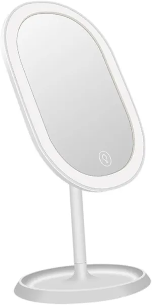 Rotating Touch Screen LED Makeup Mirror for Desktop Adjustable Vanity Mirror with Storage Tray for Bathroom Bedroom Travel White