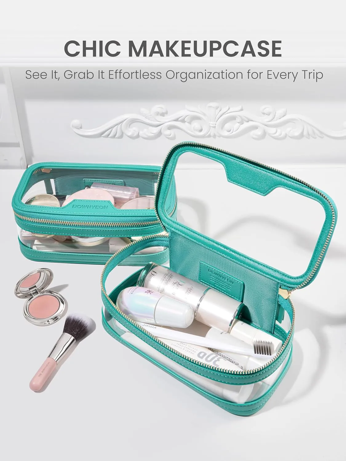 ROWNYEON Waterproof Toiletry Organizer Train Case, CLear Travel Makeup Bag for Women，Transparent Cosmetic Bag，Portable Makeup Case Organizer (green)
