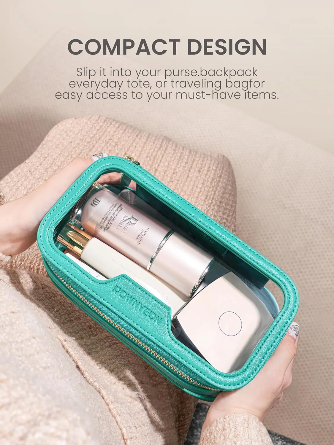 ROWNYEON Waterproof Toiletry Organizer Train Case, CLear Travel Makeup Bag for Women，Transparent Cosmetic Bag，Portable Makeup Case Organizer (green)