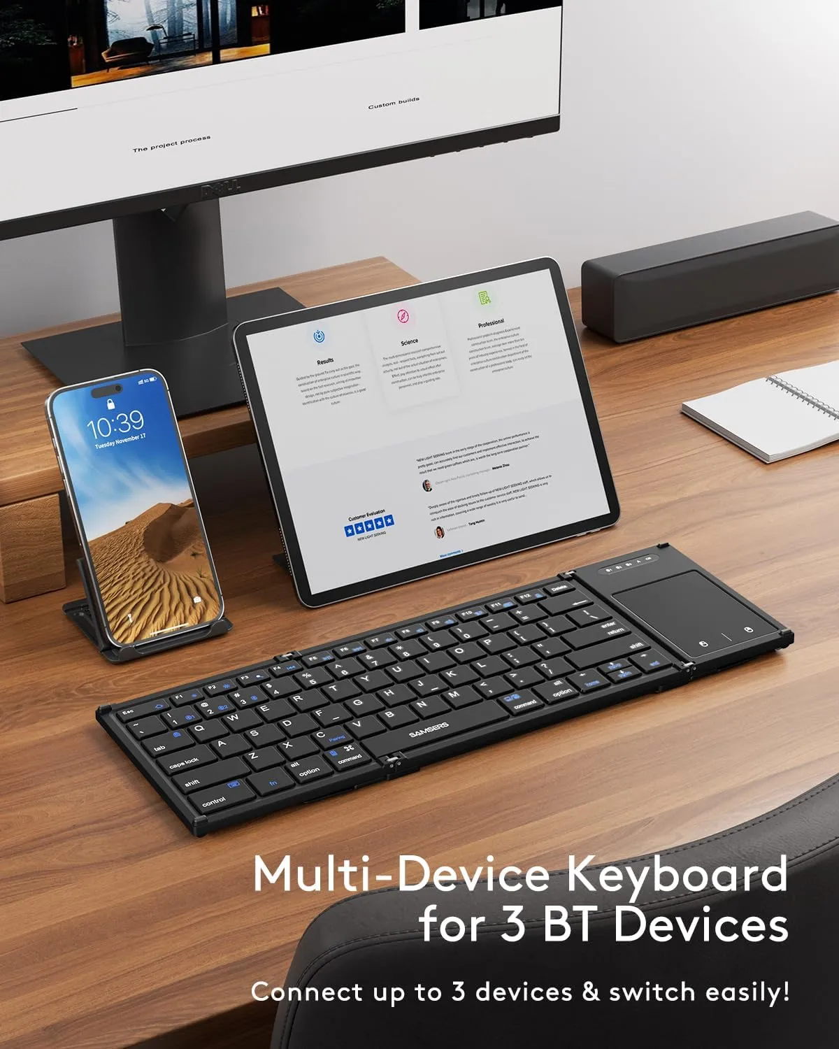 Samsers Foldable Bluetooth Keyboard with Touchpad, Full-Size Wireless Folding Key Board with Holder, Rechargeable Portable Travel for iOS Windows Android Mac OS, Support 3 Devices (BT5.1 x 3)